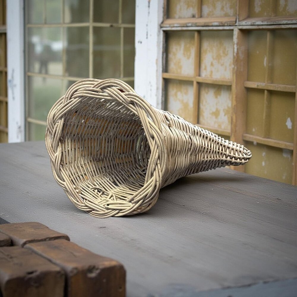 Vintage White Wicker Cornucopia Basket Handwoven Decorative Display 15-Inch Leng